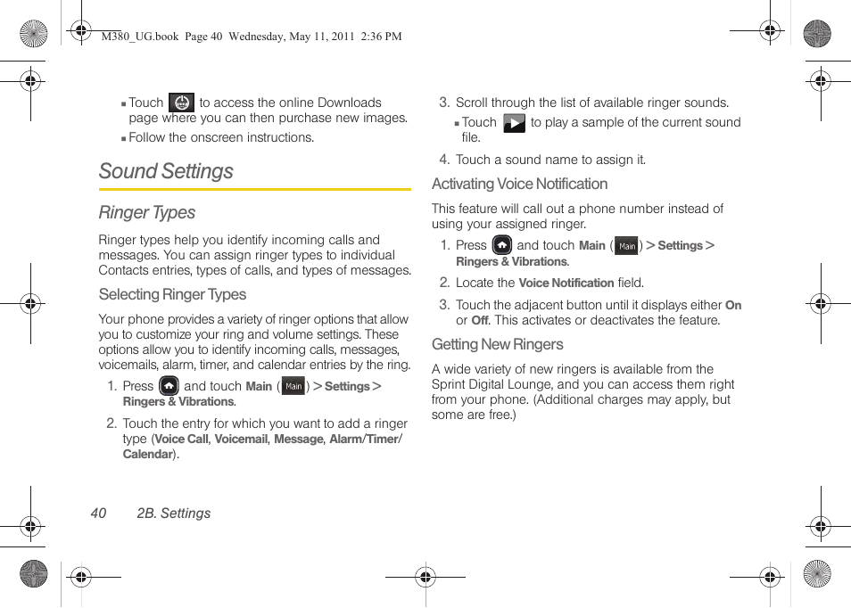 Sound settings, Ringer types | Samsung SPH-M380ZKASPR User Manual | Page 52 / 192