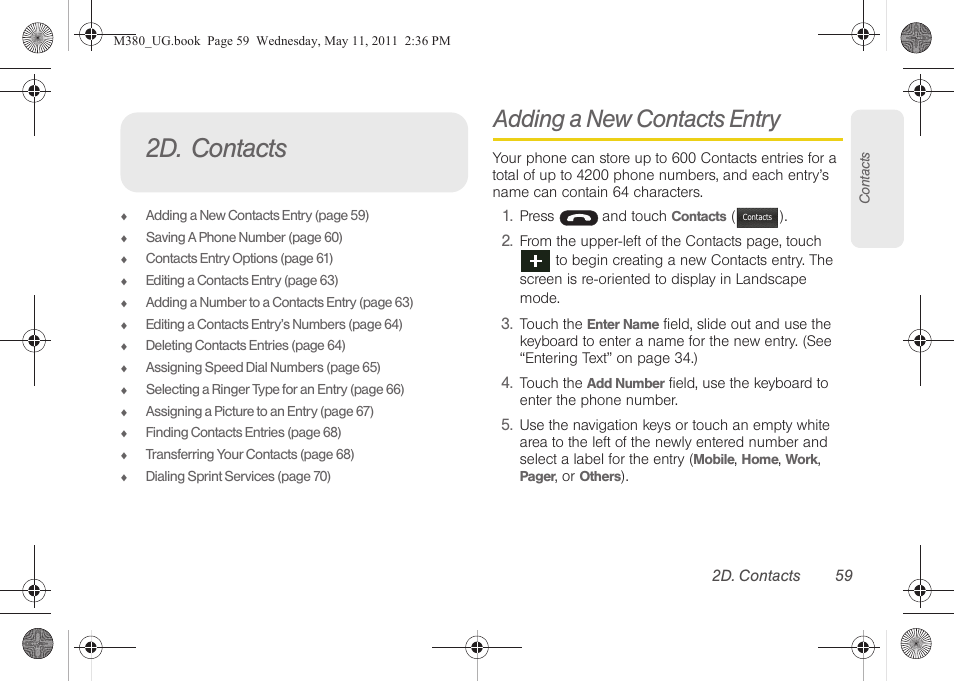 2d. contacts, Adding a new contacts entry | Samsung SPH-M380ZKASPR User Manual | Page 71 / 192