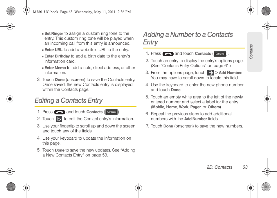 Editing a contacts entry, Adding a number to a contacts entry | Samsung SPH-M380ZKASPR User Manual | Page 75 / 192