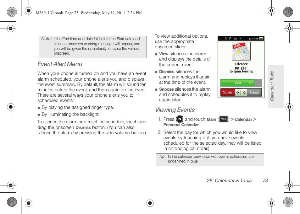 Event alert menu, Viewing events | Samsung SPH-M380ZKASPR User Manual | Page 85 / 192