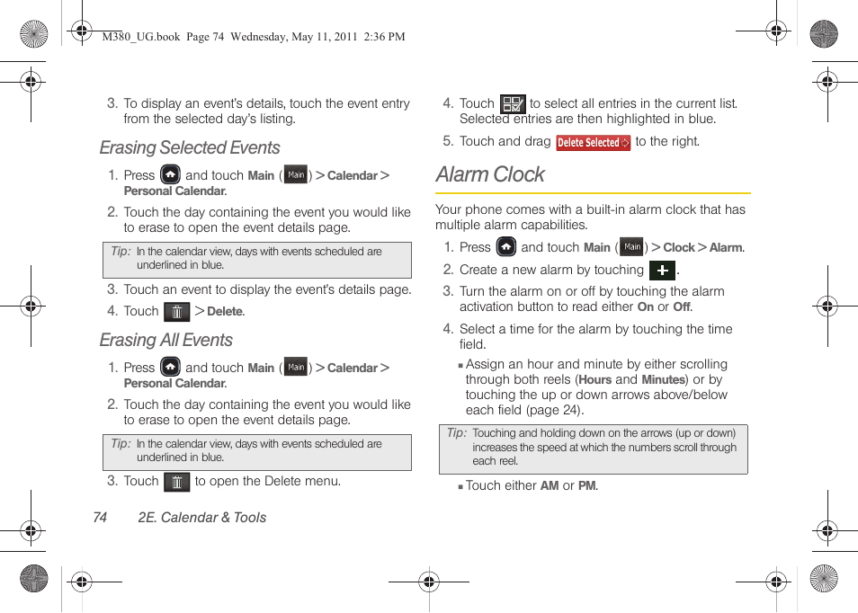 Erasing selected events, Erasing all events, Alarm clock | Samsung SPH-M380ZKASPR User Manual | Page 86 / 192