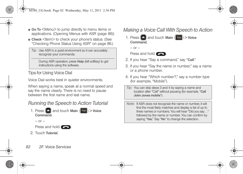 Running the speech to action tutorial, Making a voice call with speech to action | Samsung SPH-M380ZKASPR User Manual | Page 94 / 192