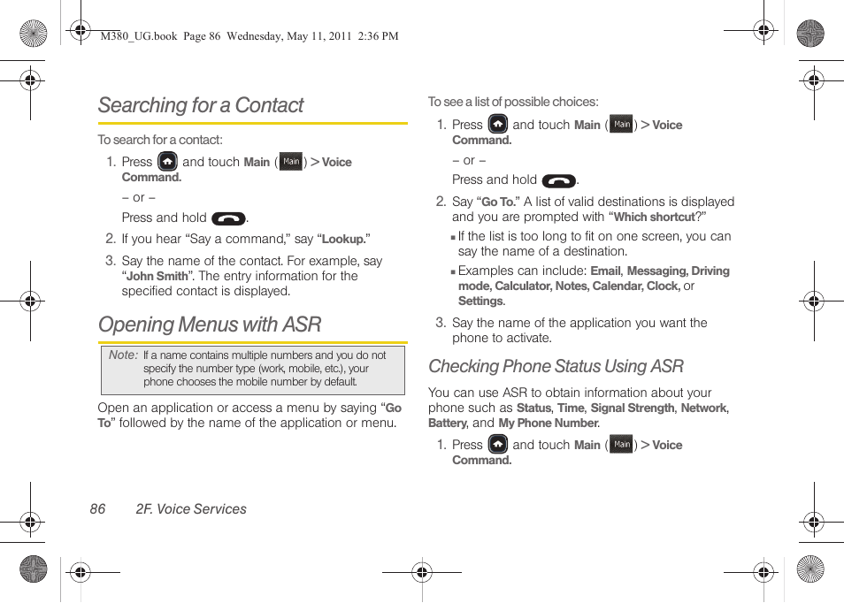 Searching for a contact, Opening menus with asr, Checking phone status using asr | Samsung SPH-M380ZKASPR User Manual | Page 98 / 192