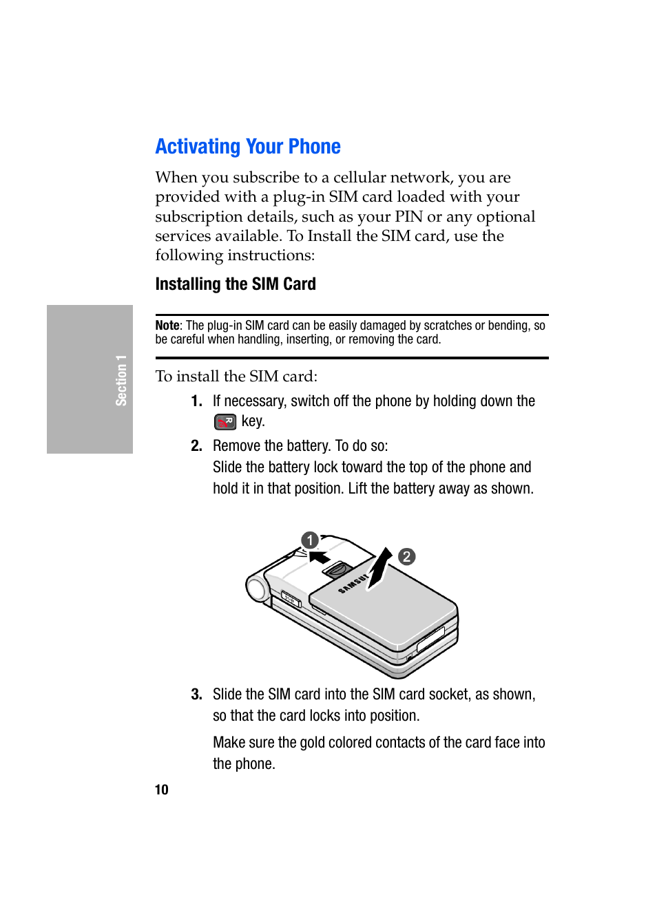 Activating your phone, Installing the sim card | Samsung SGH-D307MSACIN User Manual | Page 10 / 256