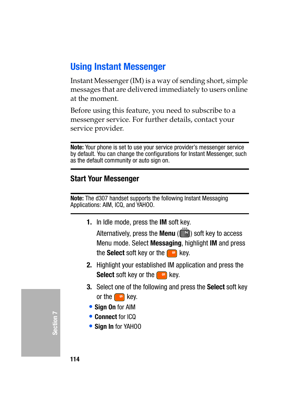 Using instant messenger, Start your messenger | Samsung SGH-D307MSACIN User Manual | Page 114 / 256