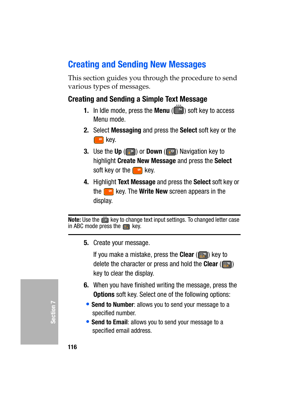 Creating and sending new messages, Creating and sending a simple text message | Samsung SGH-D307MSACIN User Manual | Page 116 / 256