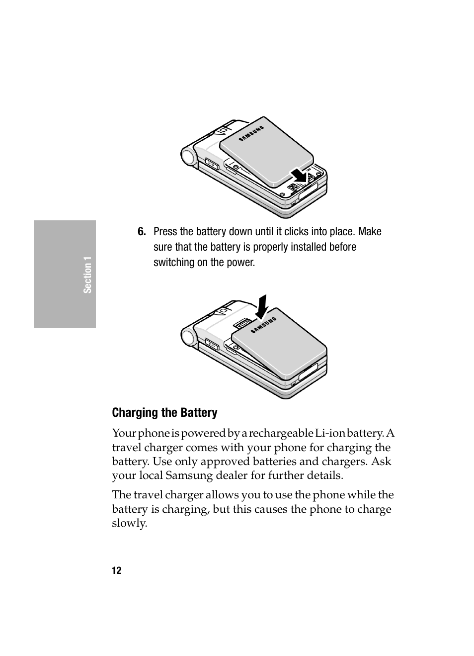 Charging the battery | Samsung SGH-D307MSACIN User Manual | Page 12 / 256