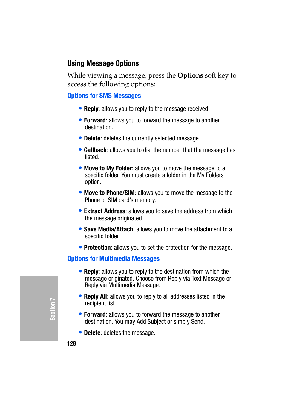 Using message options, Options for sms messages, Options for multimedia messages | Samsung SGH-D307MSACIN User Manual | Page 128 / 256