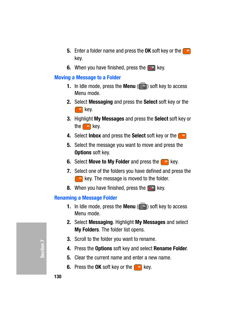 Moving a message to a folder, Renaming a message folder | Samsung SGH-D307MSACIN User Manual | Page 130 / 256