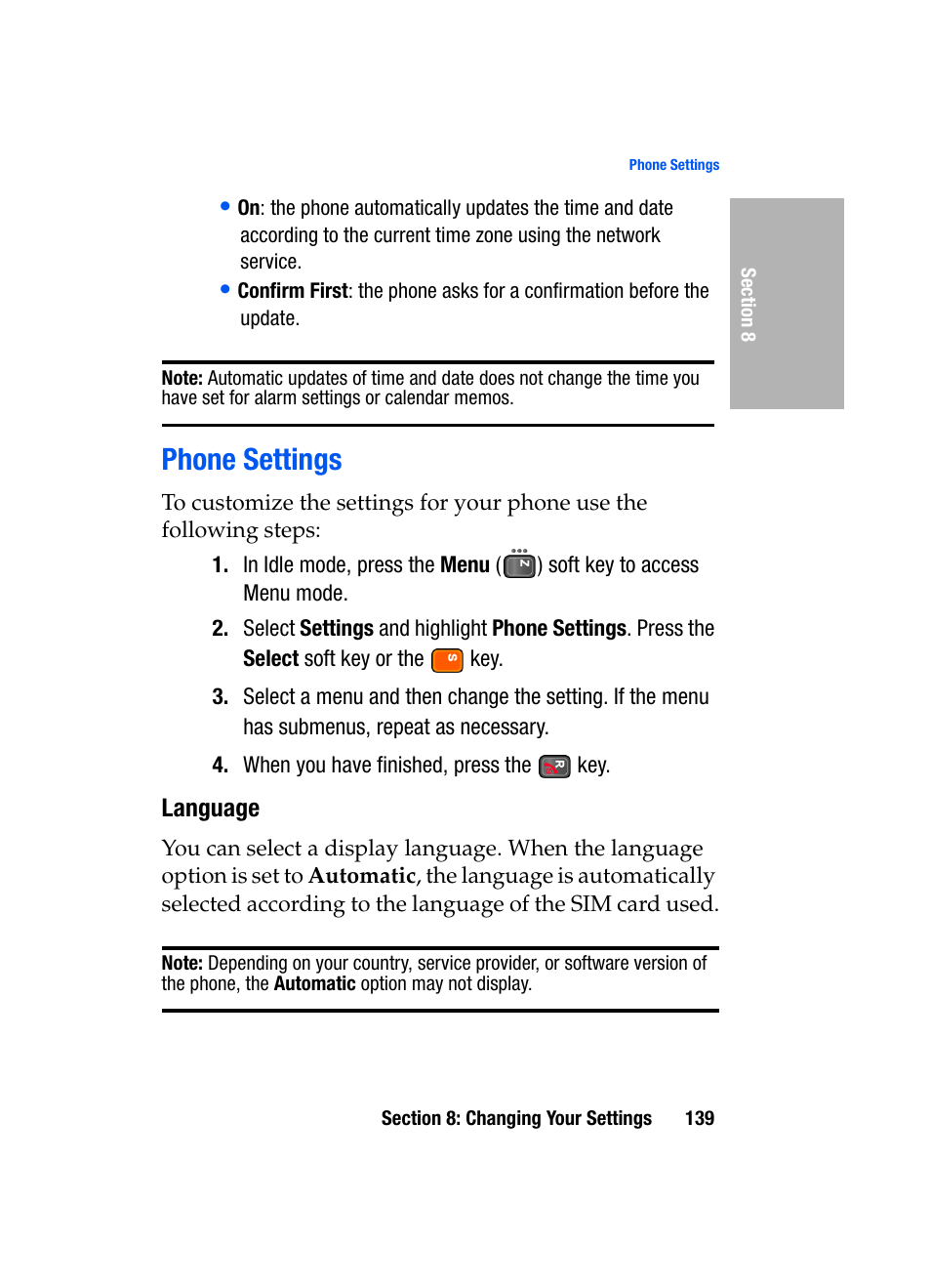 Phone settings, Language | Samsung SGH-D307MSACIN User Manual | Page 139 / 256
