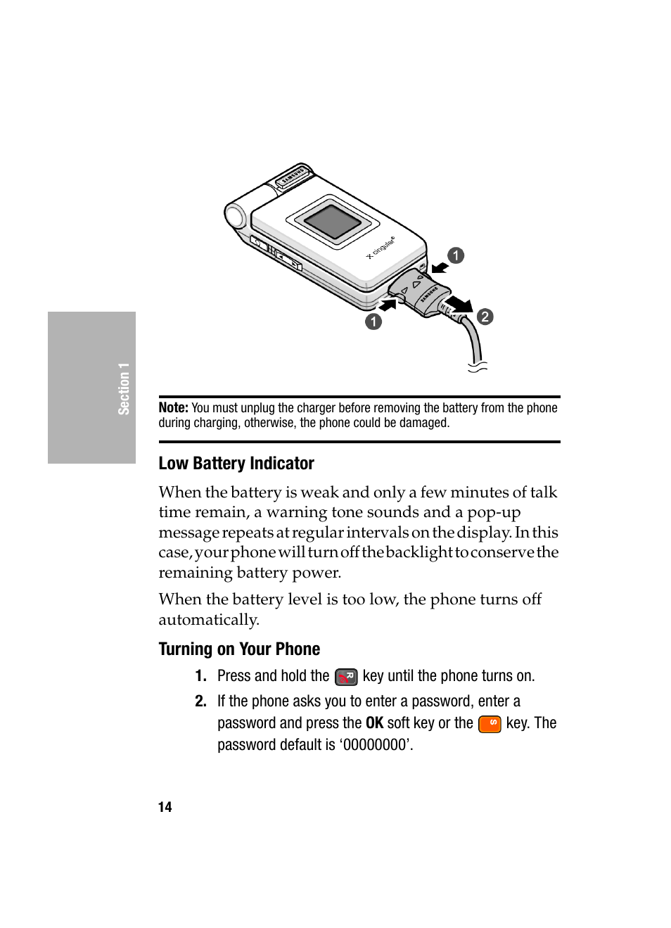 Low battery indicator, Turning on your phone | Samsung SGH-D307MSACIN User Manual | Page 14 / 256