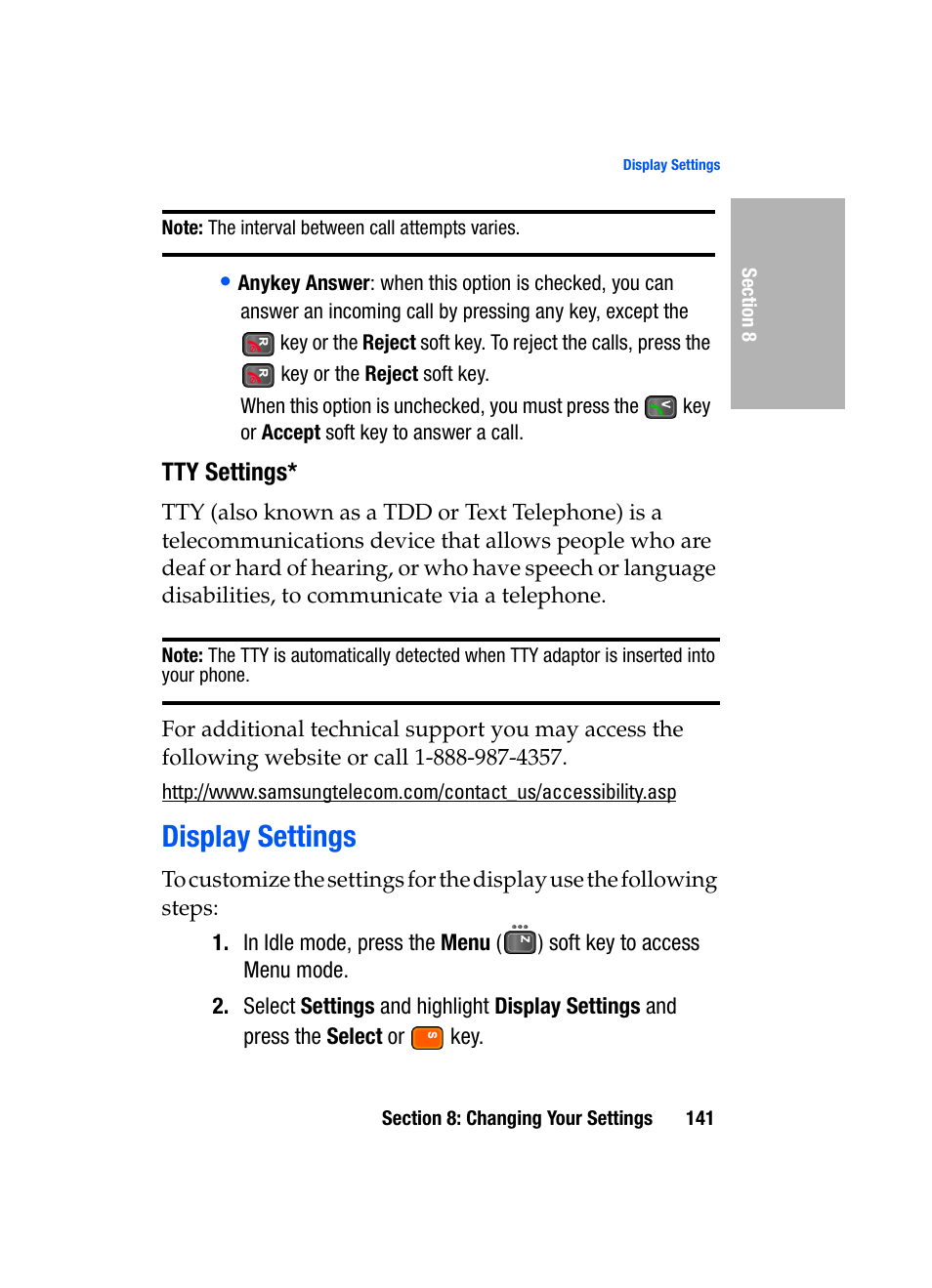 Tty settings, Display settings | Samsung SGH-D307MSACIN User Manual | Page 141 / 256