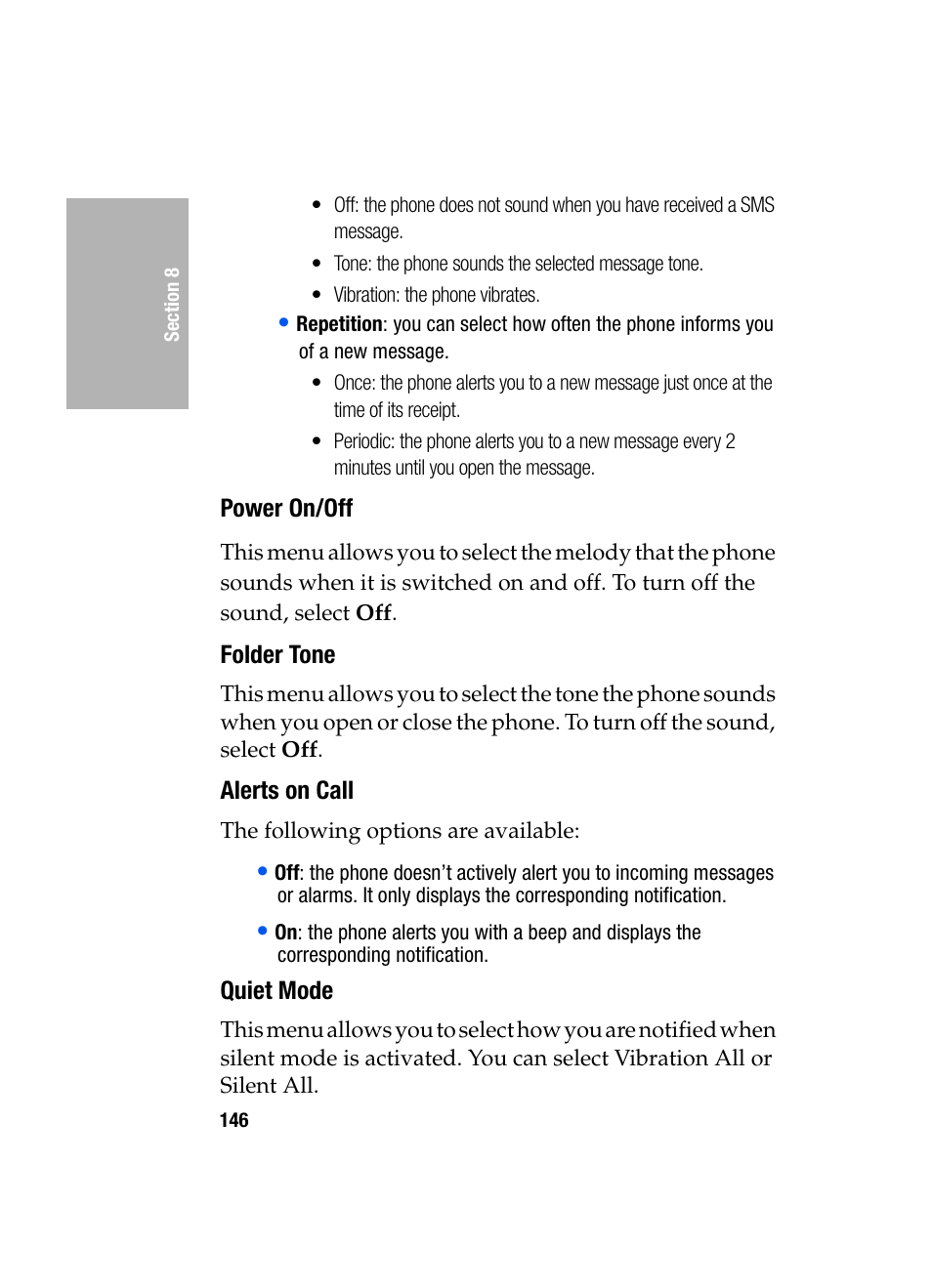 Power on/off, Folder tone, Alerts on call | Quiet mode | Samsung SGH-D307MSACIN User Manual | Page 146 / 256