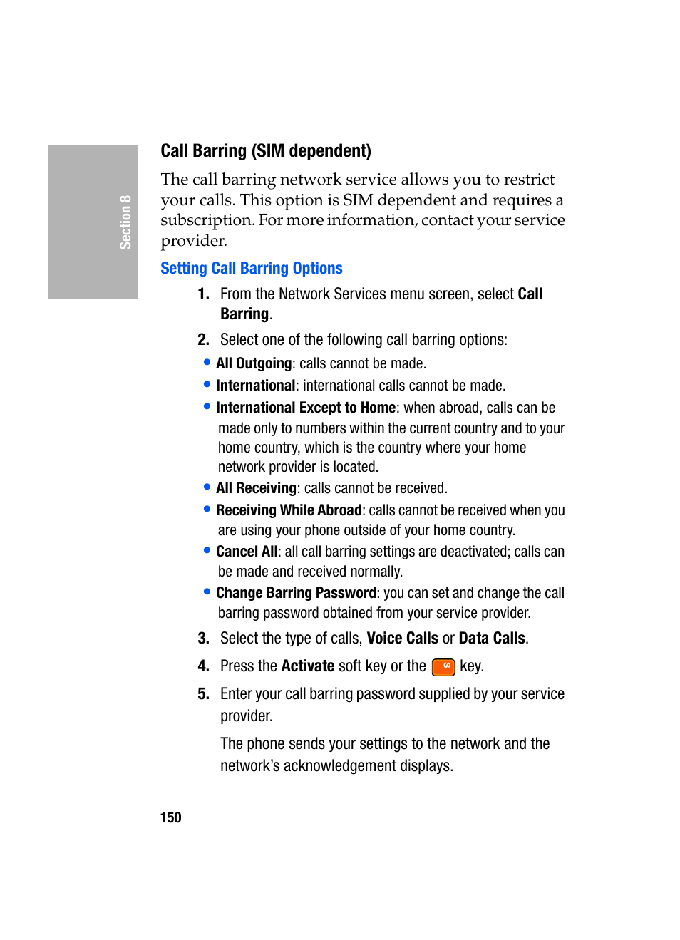 Call barring (sim dependent), Setting call barring options | Samsung SGH-D307MSACIN User Manual | Page 150 / 256