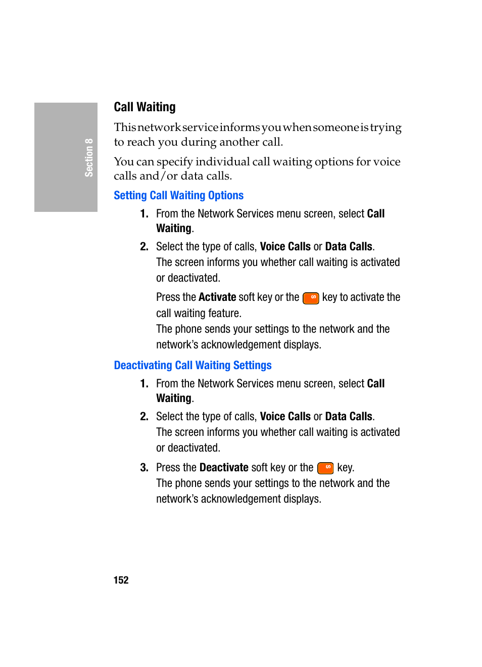 Call waiting, Setting call waiting options, Deactivating call waiting settings | Samsung SGH-D307MSACIN User Manual | Page 152 / 256