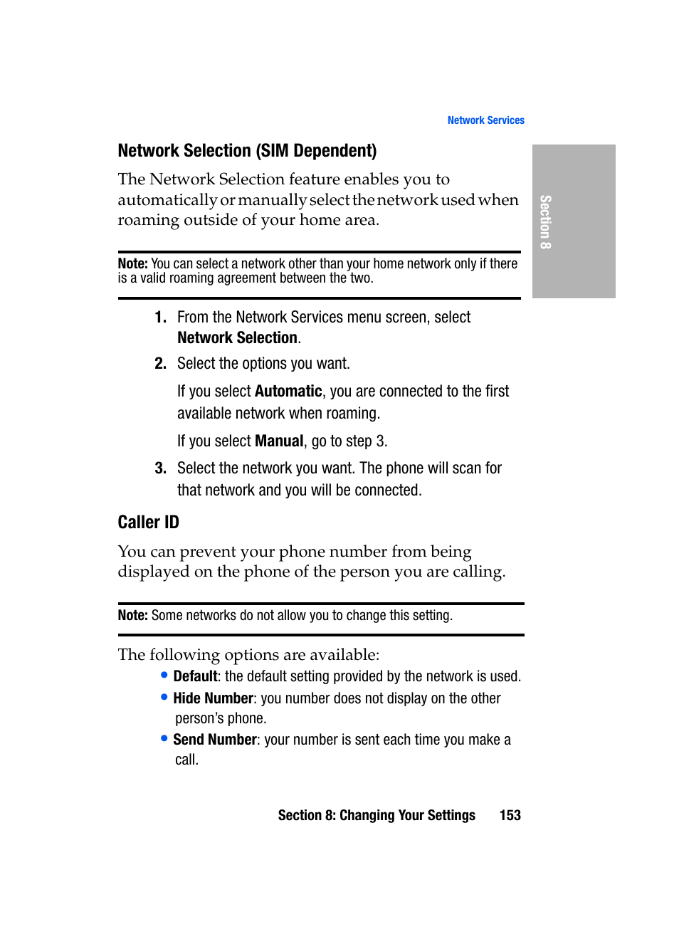 Network selection (sim dependent), Caller id | Samsung SGH-D307MSACIN User Manual | Page 153 / 256