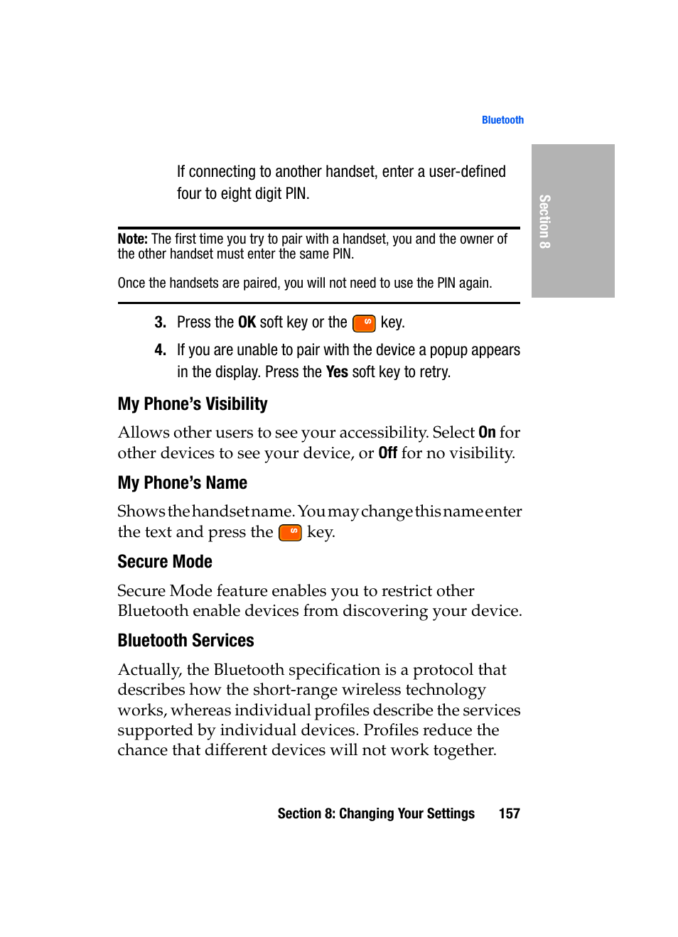 My phone’s visibility, My phone’s name, Secure mode | Bluetooth services | Samsung SGH-D307MSACIN User Manual | Page 157 / 256