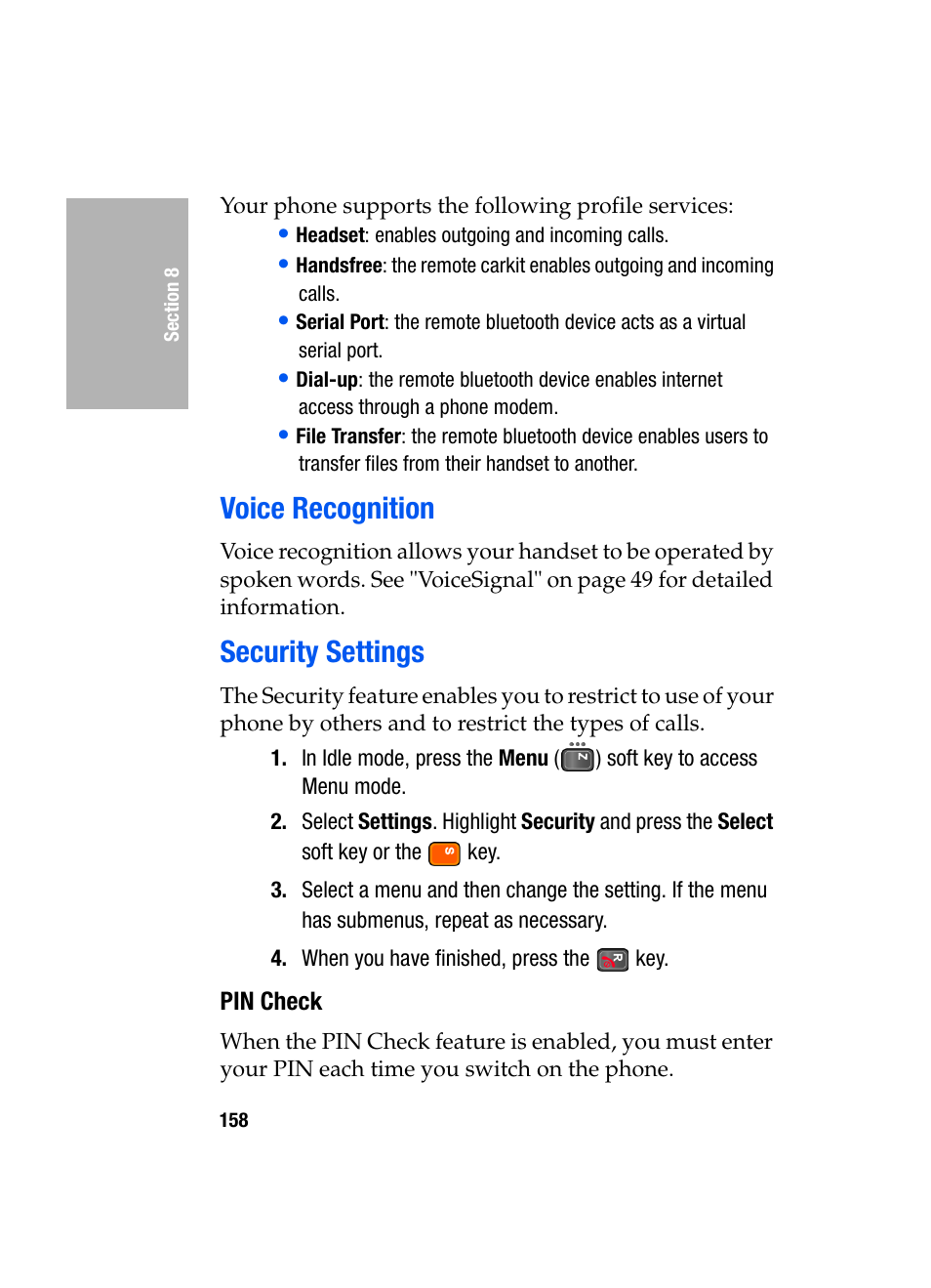 Voice recognition, Security settings, Pin check | Samsung SGH-D307MSACIN User Manual | Page 158 / 256