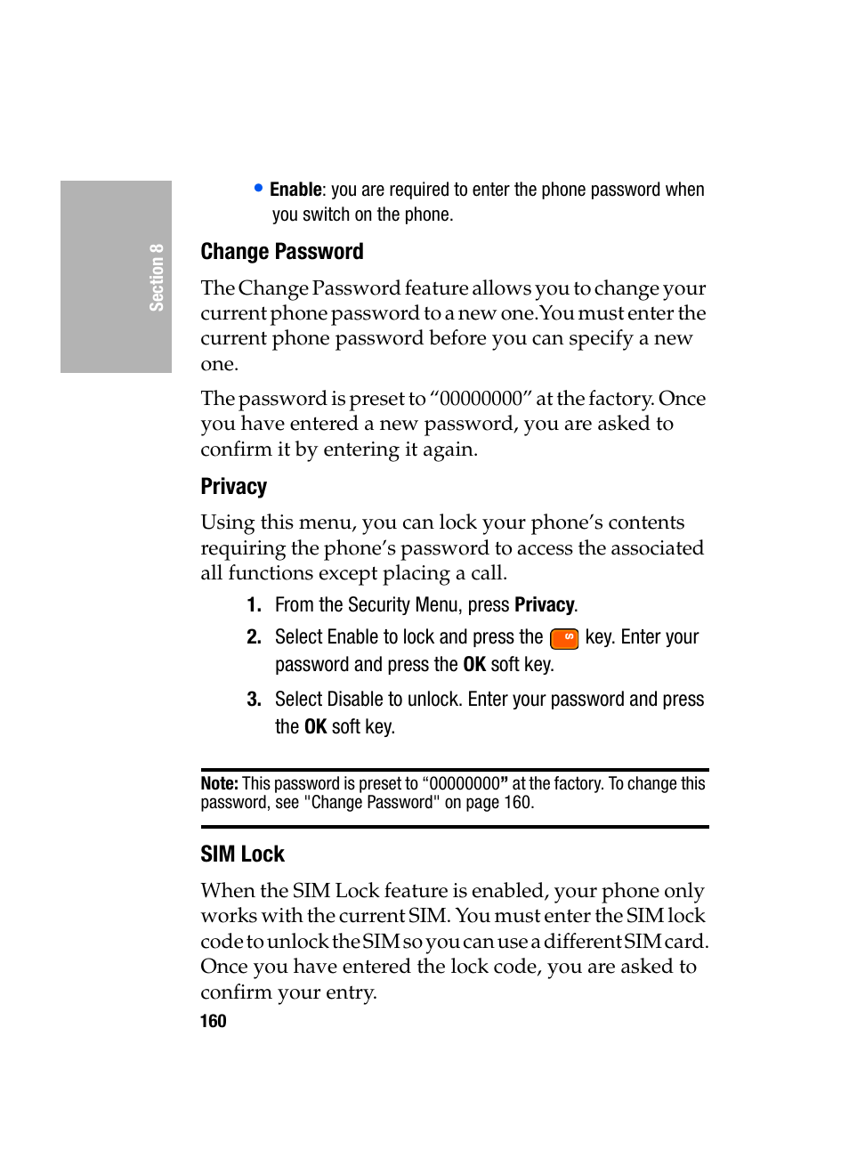 Change password, Privacy, Sim lock | Samsung SGH-D307MSACIN User Manual | Page 160 / 256