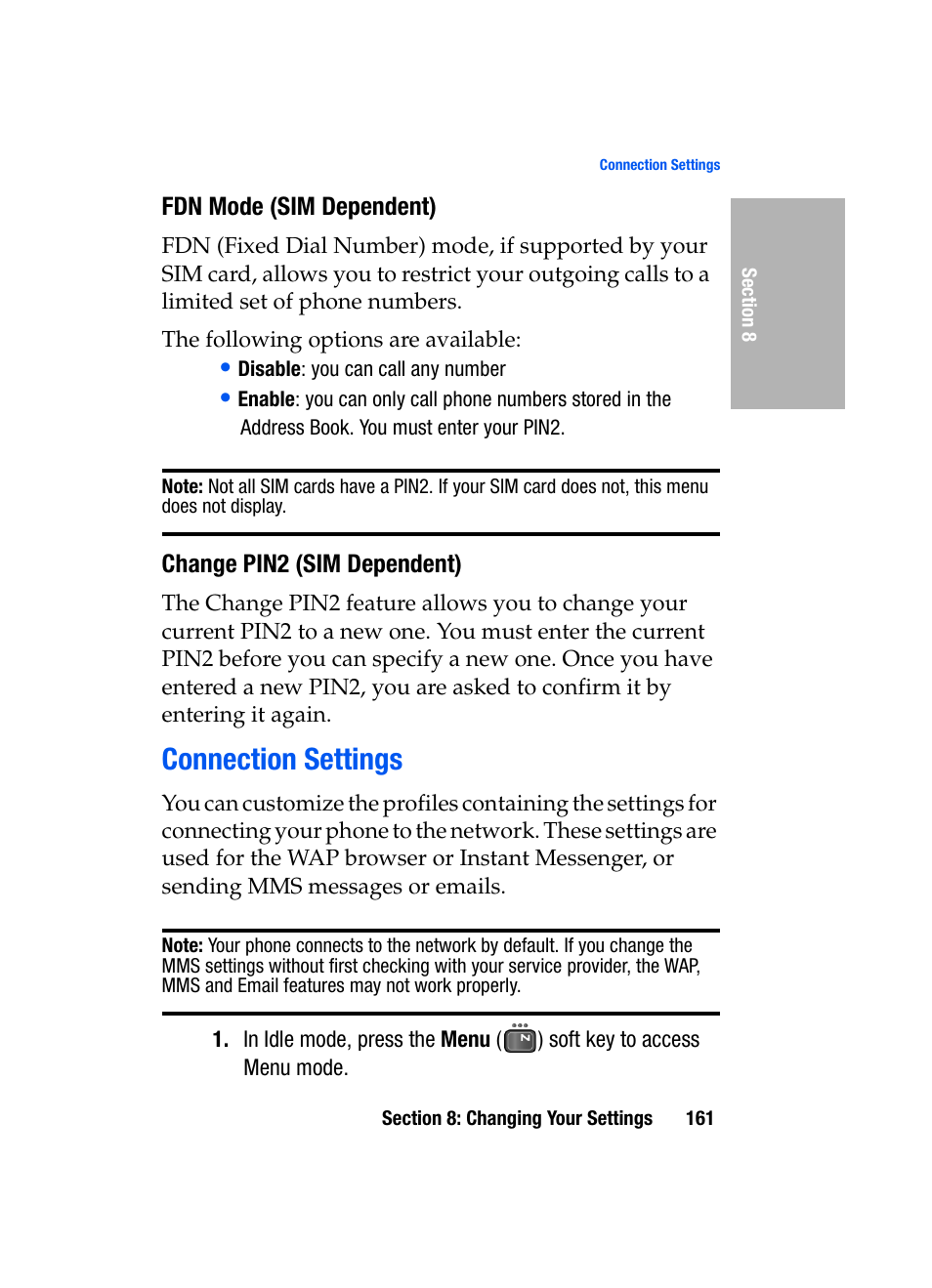 Fdn mode (sim dependent), Change pin2 (sim dependent), Connection settings | Samsung SGH-D307MSACIN User Manual | Page 161 / 256