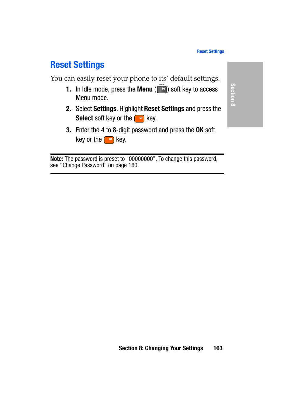 Reset settings | Samsung SGH-D307MSACIN User Manual | Page 163 / 256