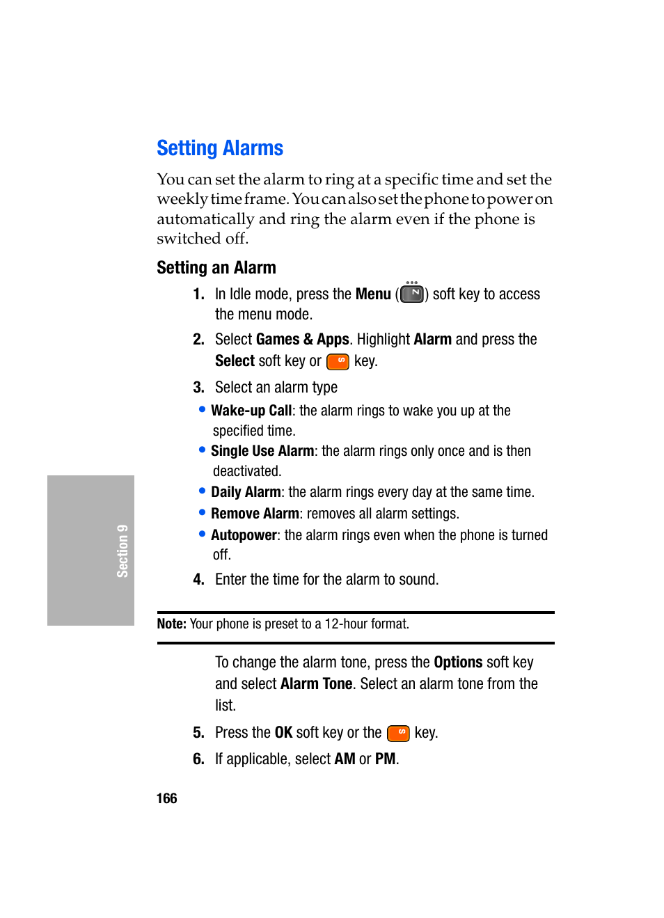 Setting alarms, Setting an alarm | Samsung SGH-D307MSACIN User Manual | Page 166 / 256