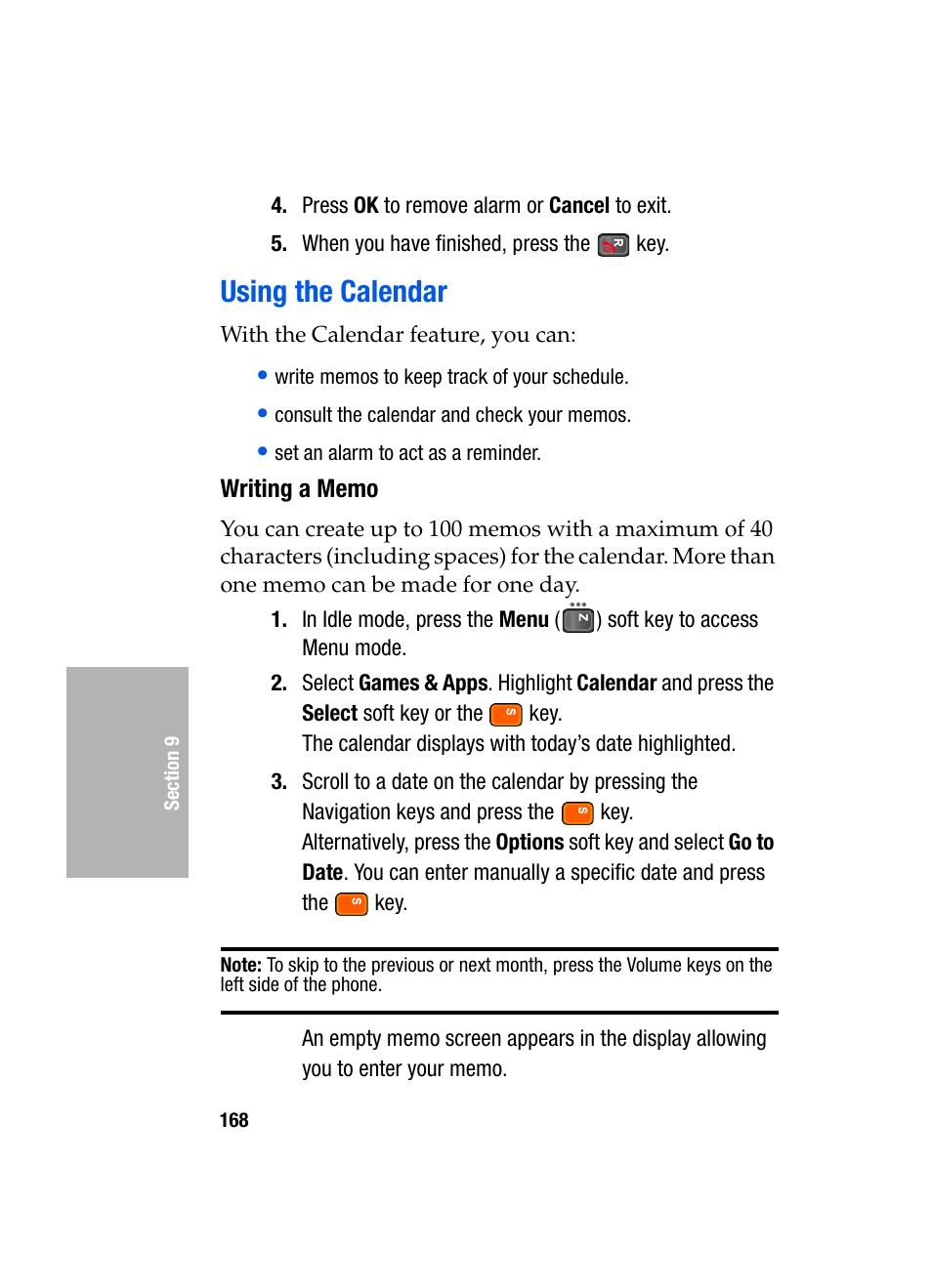 Using the calendar, Writing a memo | Samsung SGH-D307MSACIN User Manual | Page 168 / 256