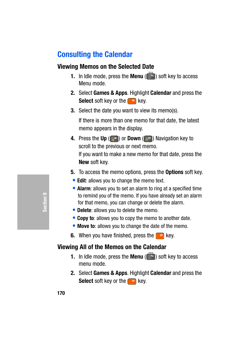 Consulting the calendar, Viewing memos on the selected date, Viewing all of the memos on the calendar | Samsung SGH-D307MSACIN User Manual | Page 170 / 256