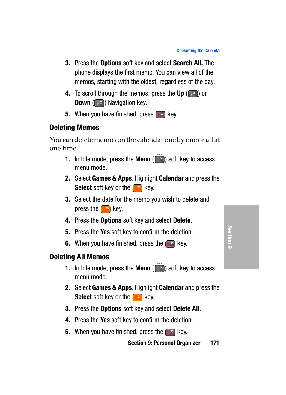 Deleting memos, Deleting all memos | Samsung SGH-D307MSACIN User Manual | Page 171 / 256