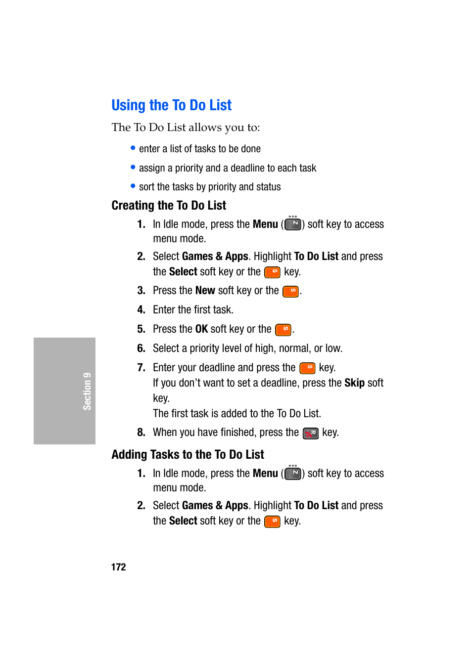 Using the to do list, Creating the to do list, Adding tasks to the to do list | Samsung SGH-D307MSACIN User Manual | Page 172 / 256