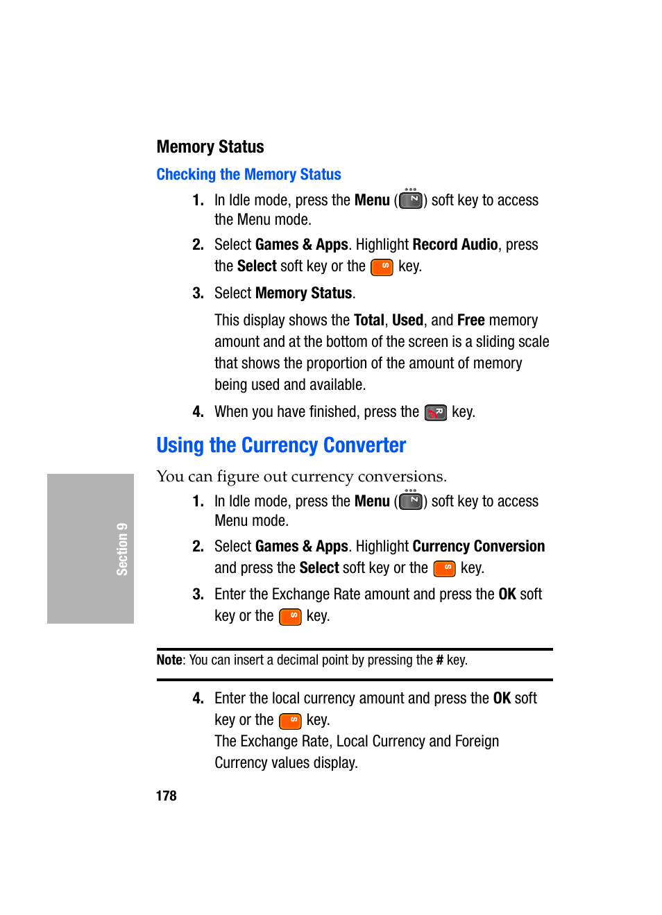 Memory status, Checking the memory status, Using the currency converter | Samsung SGH-D307MSACIN User Manual | Page 178 / 256