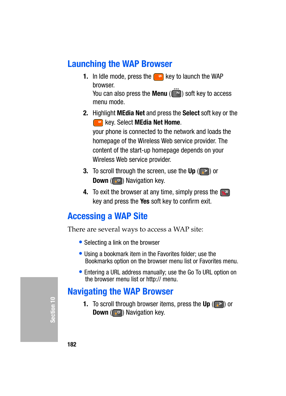 Launching the wap browser, Accessing a wap site, Navigating the wap browser | Samsung SGH-D307MSACIN User Manual | Page 182 / 256