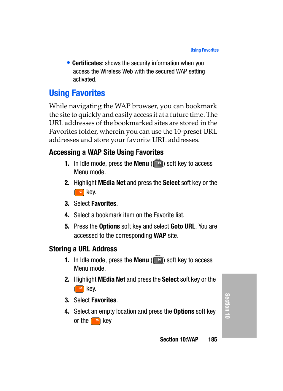 Using favorites, Accessing a wap site using favorites, Storing a url address | Samsung SGH-D307MSACIN User Manual | Page 185 / 256