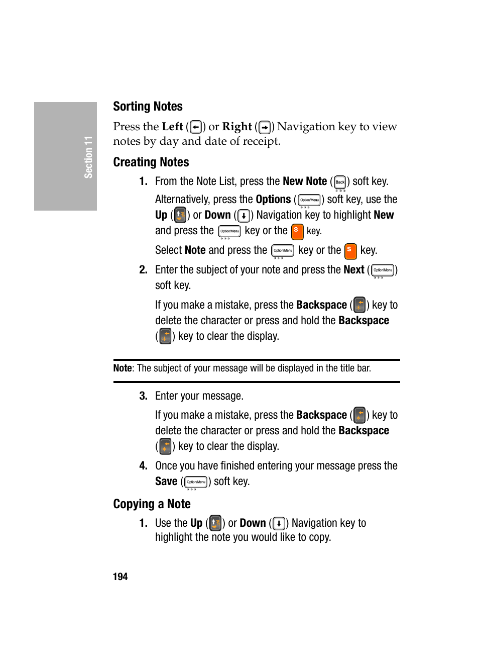 Sorting notes, Creating notes, Copying a note | Samsung SGH-D307MSACIN User Manual | Page 194 / 256