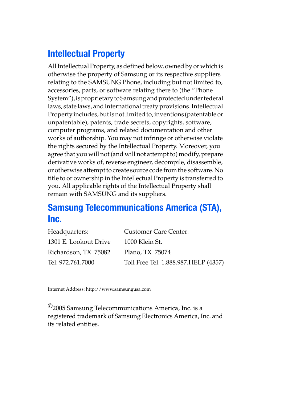 Intellectual property, Samsung telecommunications america (sta), inc | Samsung SGH-D307MSACIN User Manual | Page 2 / 256