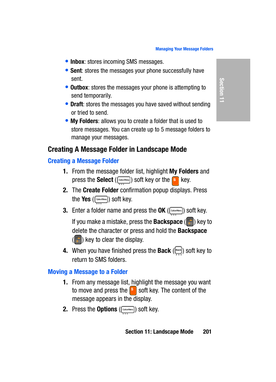Creating a message folder in landscape mode, Creating a message folder, Moving a message to a folder | Samsung SGH-D307MSACIN User Manual | Page 201 / 256