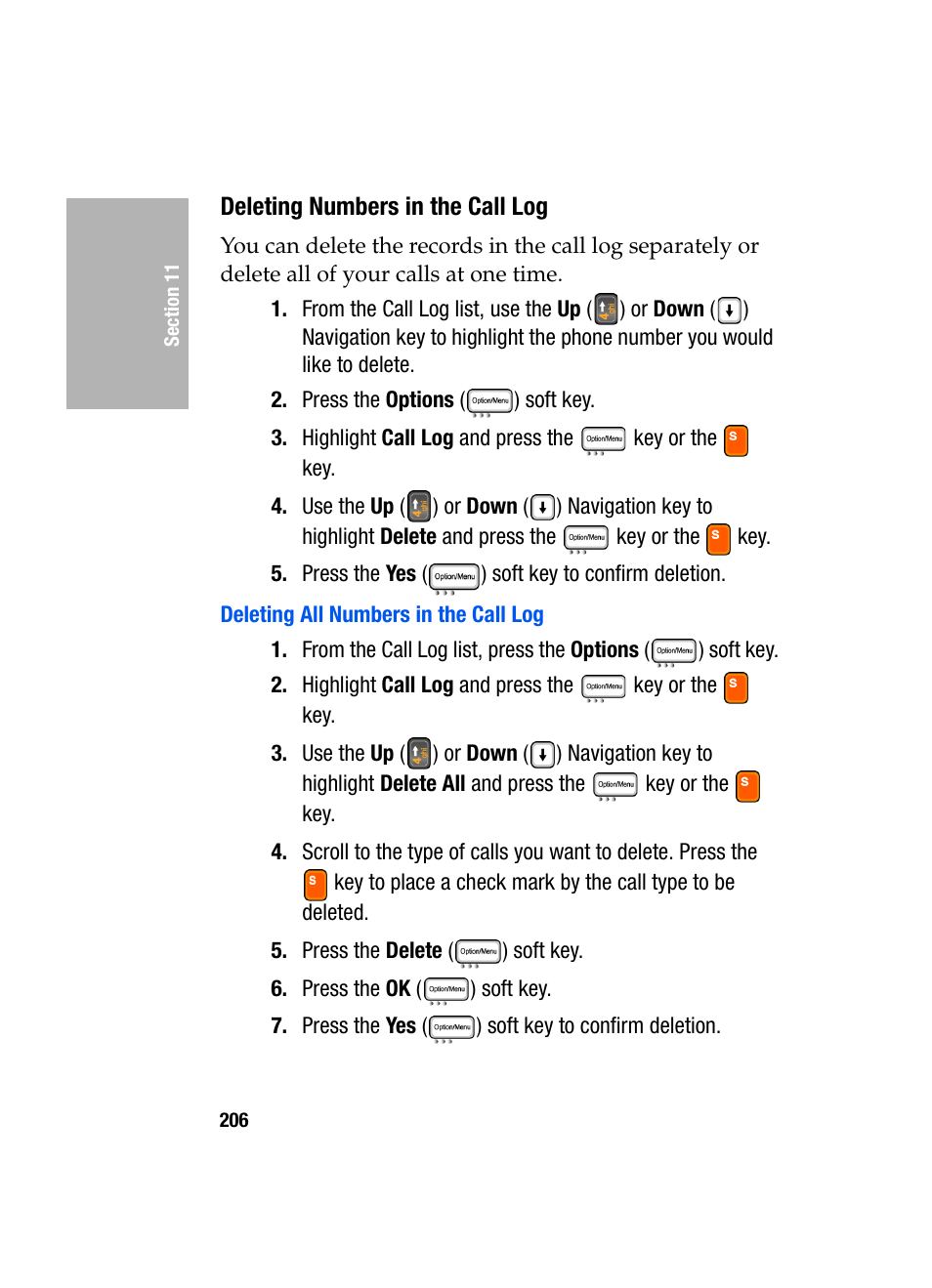 Deleting numbers in the call log, Deleting all numbers in the call log | Samsung SGH-D307MSACIN User Manual | Page 206 / 256