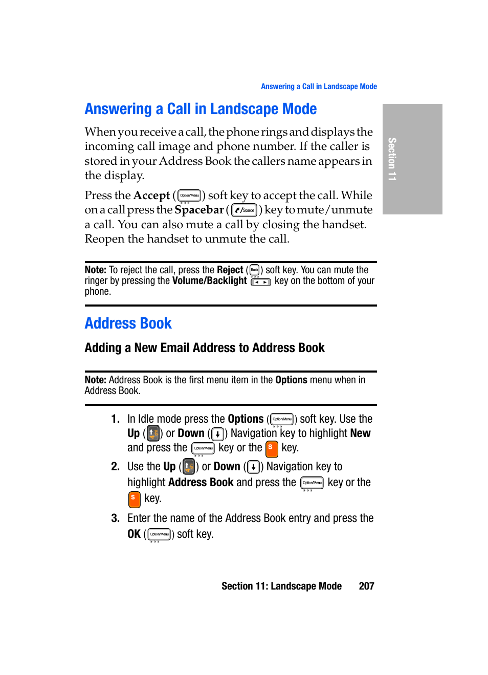 Answering a call in landscape mode, Address book, Adding a new email address to address book | Answering a call in landscape mode address book | Samsung SGH-D307MSACIN User Manual | Page 207 / 256