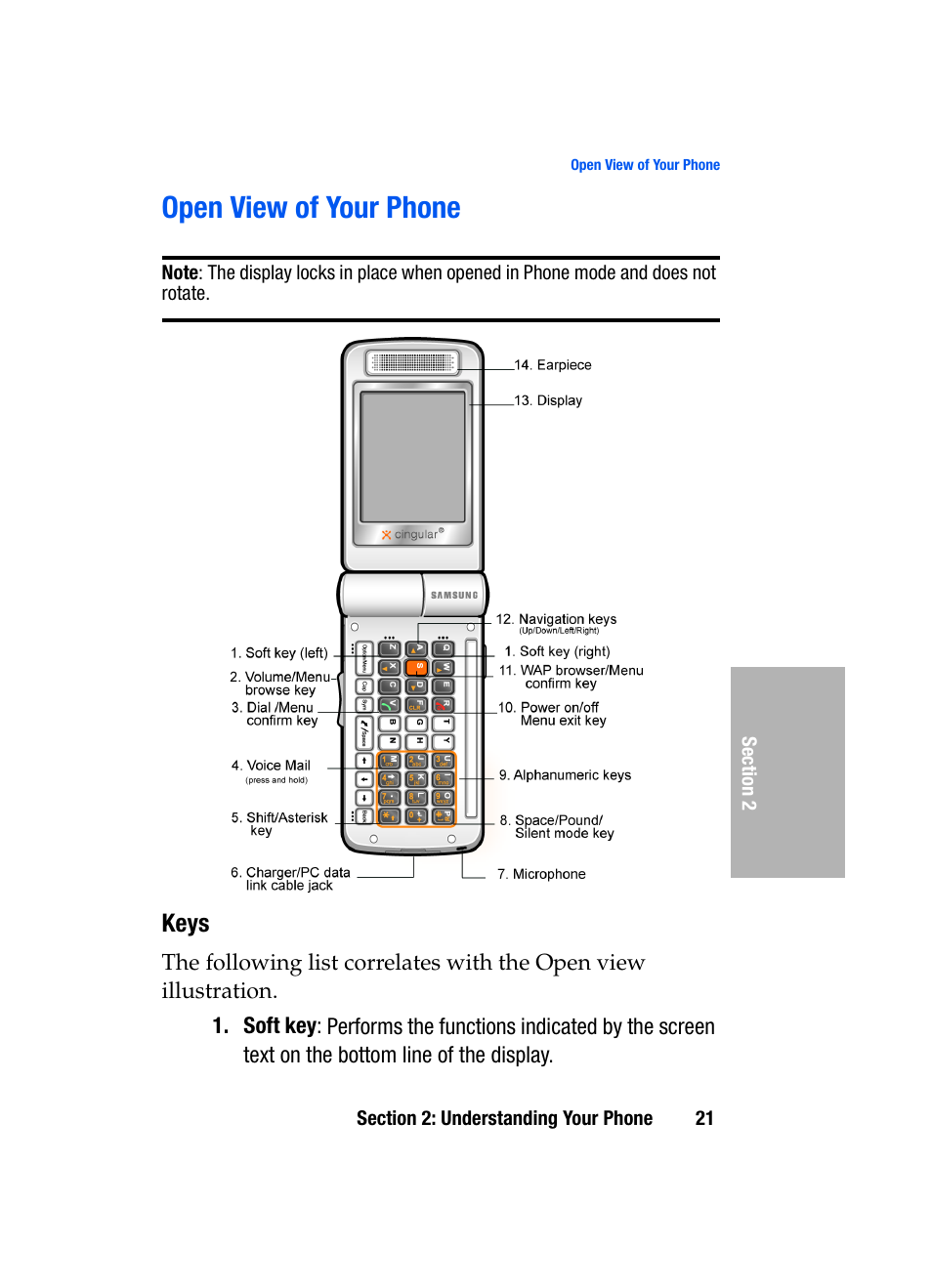 Open view of your phone, Keys | Samsung SGH-D307MSACIN User Manual | Page 21 / 256