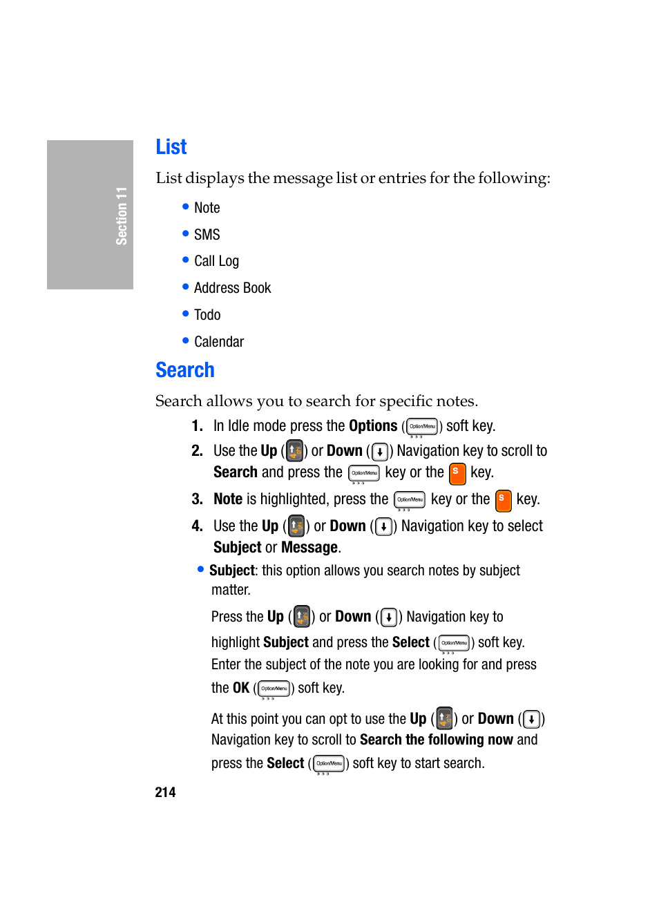 List, Search | Samsung SGH-D307MSACIN User Manual | Page 214 / 256