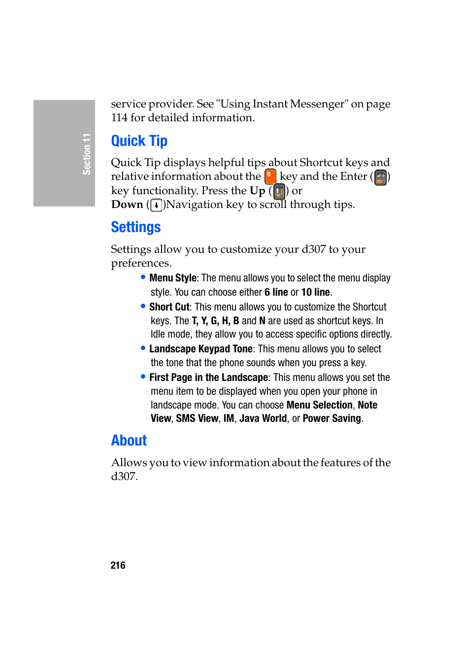 Quick tip, Settings, About | Quick tip settings about | Samsung SGH-D307MSACIN User Manual | Page 216 / 256