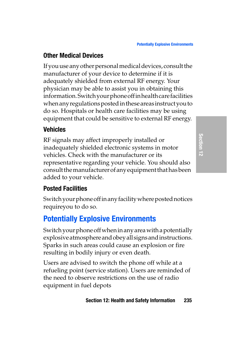 Other medical devices, Vehicles, Posted facilities | Potentially explosive environments | Samsung SGH-D307MSACIN User Manual | Page 235 / 256