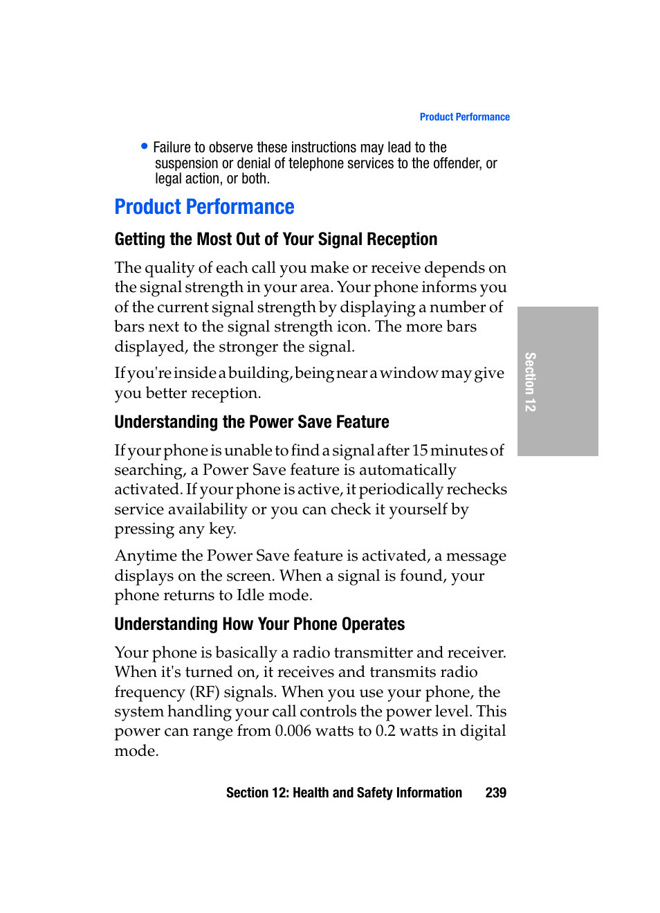 Product performance, Getting the most out of your signal reception, Understanding the power save feature | Understanding how your phone operates | Samsung SGH-D307MSACIN User Manual | Page 239 / 256