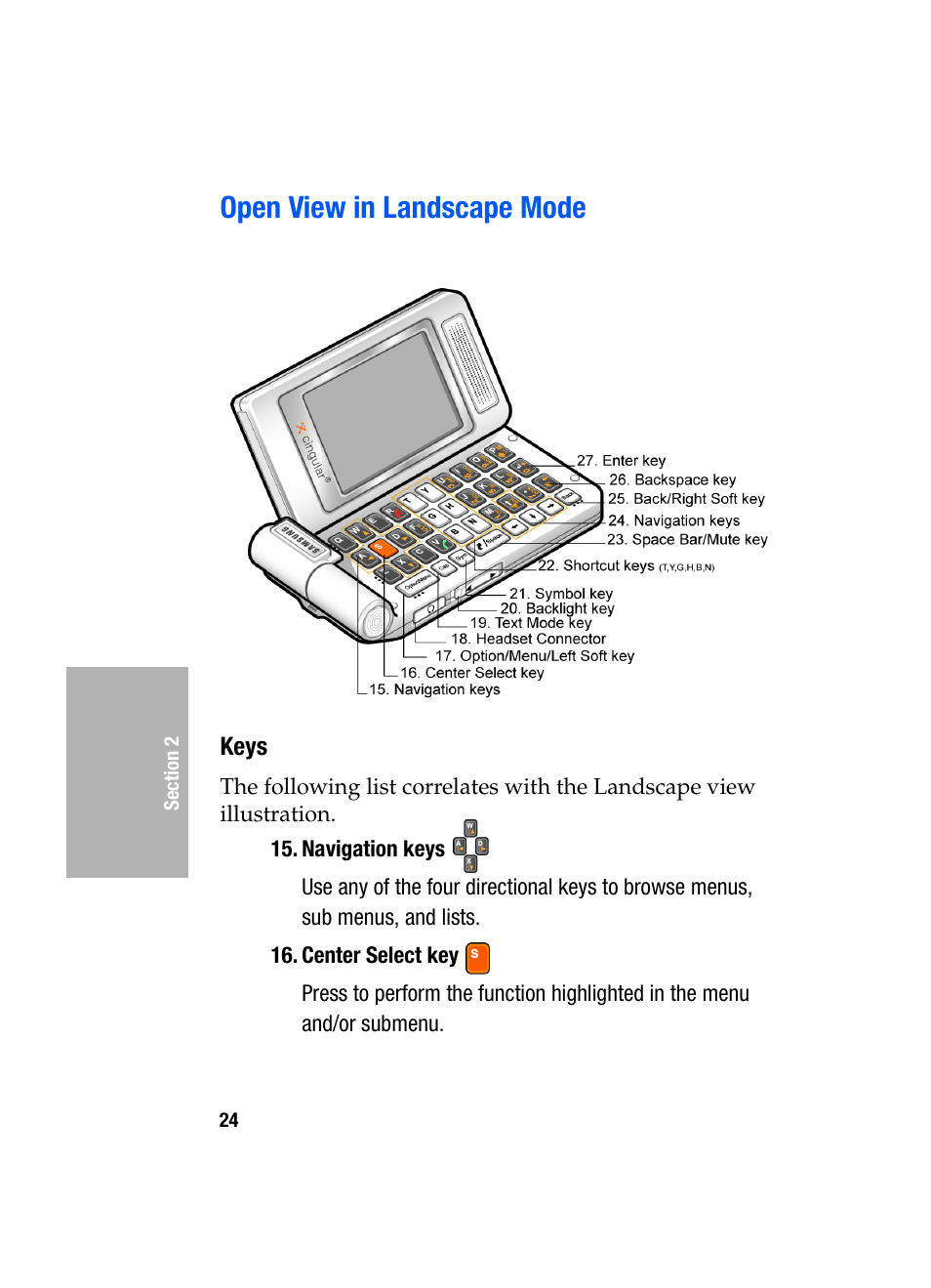 Open view in landscape mode, Keys | Samsung SGH-D307MSACIN User Manual | Page 24 / 256