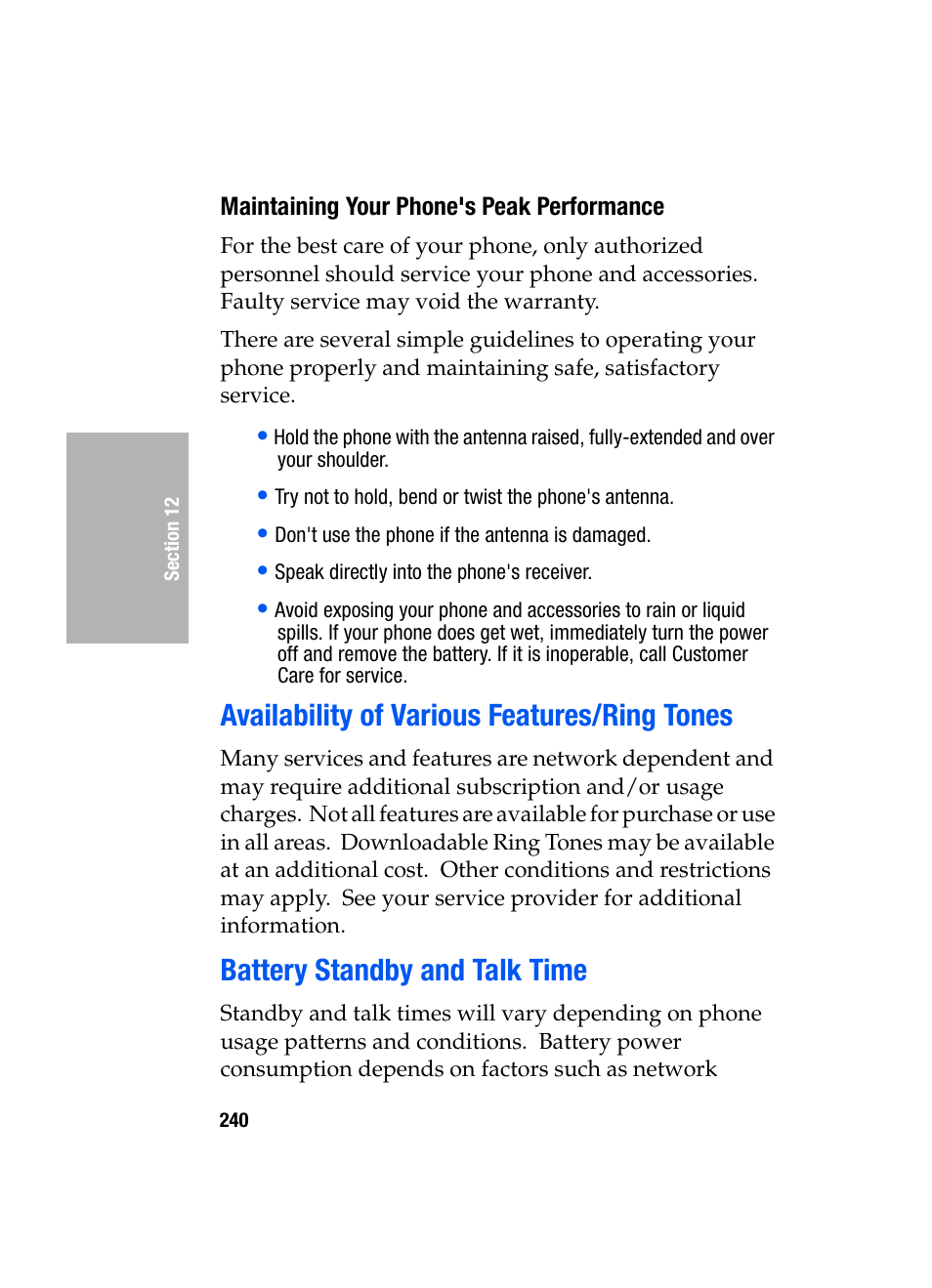 Maintaining your phone's peak performance, Availability of various features/ring tones, Battery standby and talk time | Samsung SGH-D307MSACIN User Manual | Page 240 / 256