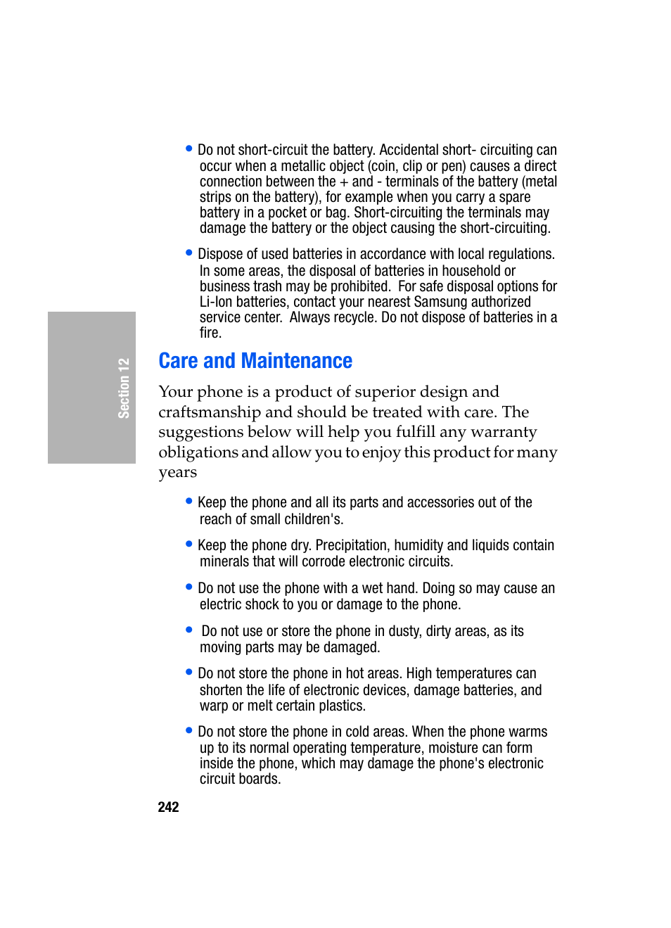 Care and maintenance | Samsung SGH-D307MSACIN User Manual | Page 242 / 256