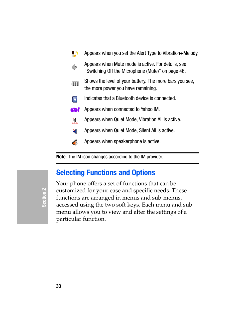 Selecting functions and options | Samsung SGH-D307MSACIN User Manual | Page 30 / 256