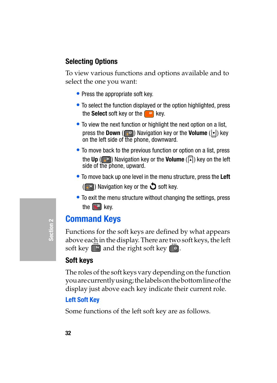 Selecting options, Command keys, Soft keys | Left soft key | Samsung SGH-D307MSACIN User Manual | Page 32 / 256