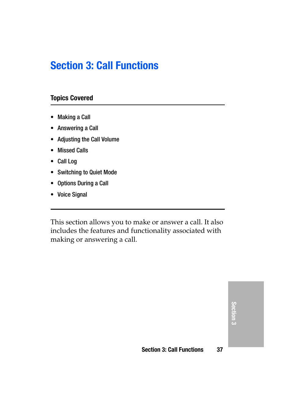 Section 3: call functions, Topics covered | Samsung SGH-D307MSACIN User Manual | Page 37 / 256