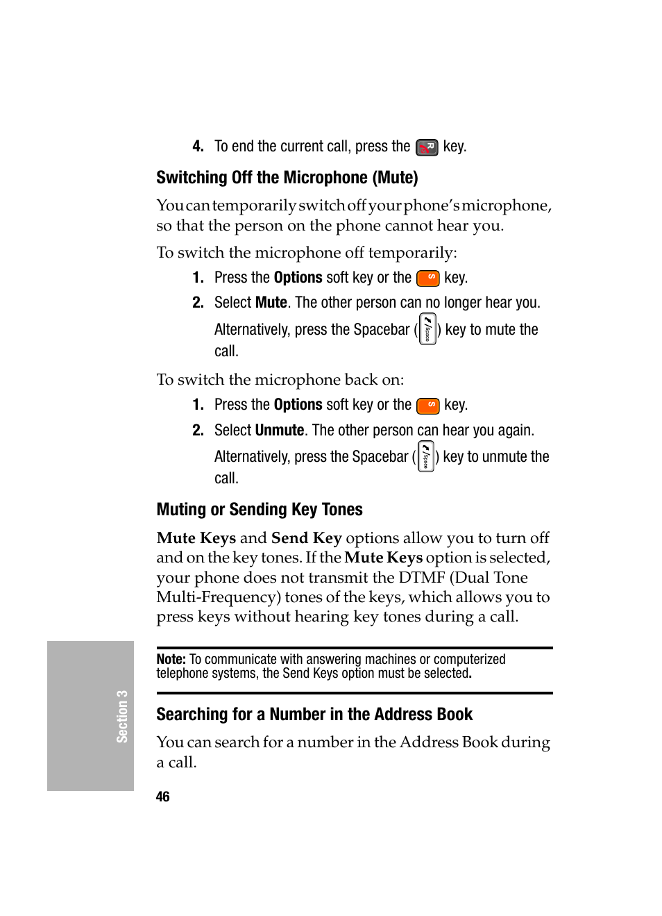 Switching off the microphone (mute), Muting or sending key tones, Searching for a number in the address book | Samsung SGH-D307MSACIN User Manual | Page 46 / 256